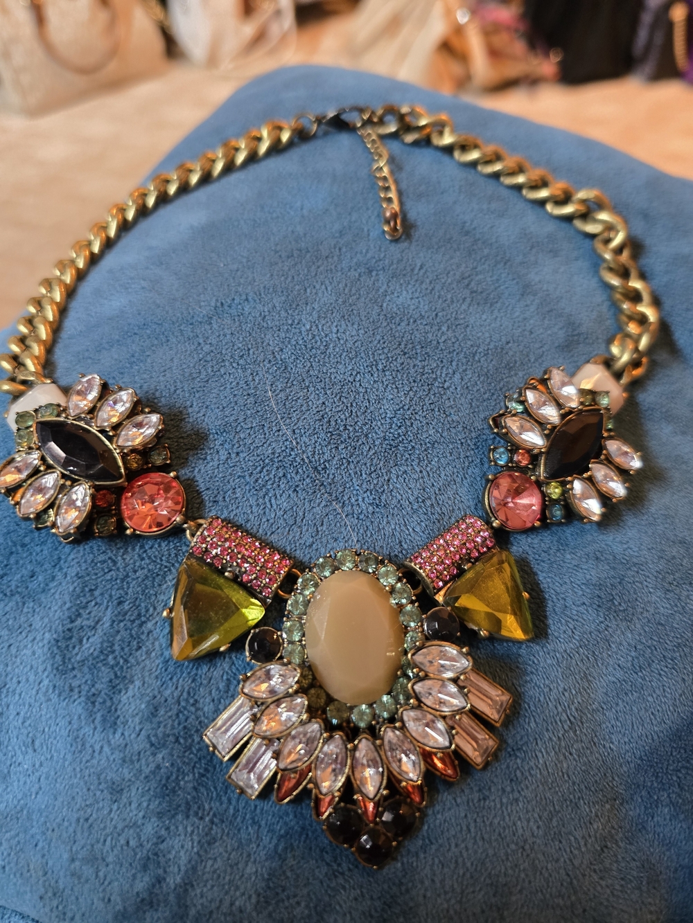 Statement Multicolor Crystal Bib Necklace w/ Uranium Glass Glows w/Black Light